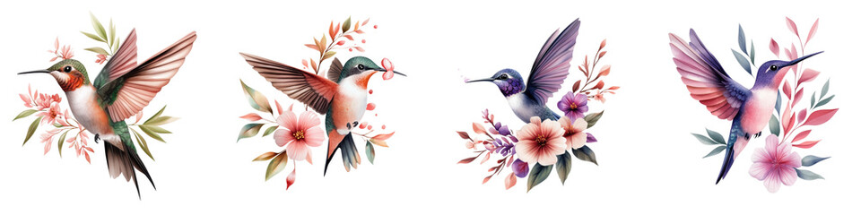 Fototapeta premium Colorful hummingbirds surrounded by vibrant flowers, perfect for nature lovers and floral designs. Capture the beauty of wildlife.