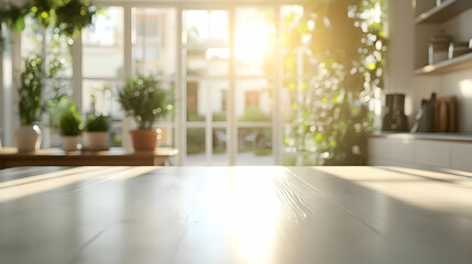 Fototapeta premium Bright and airy kitchen interior with plants, sunlight streaming in, and a wooden table. Perfect for serene home decor.
