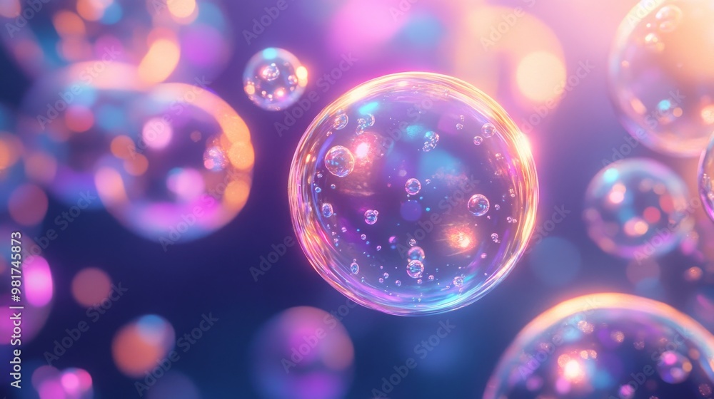 Poster abstract iridescent bubbles with colorful bokeh lights