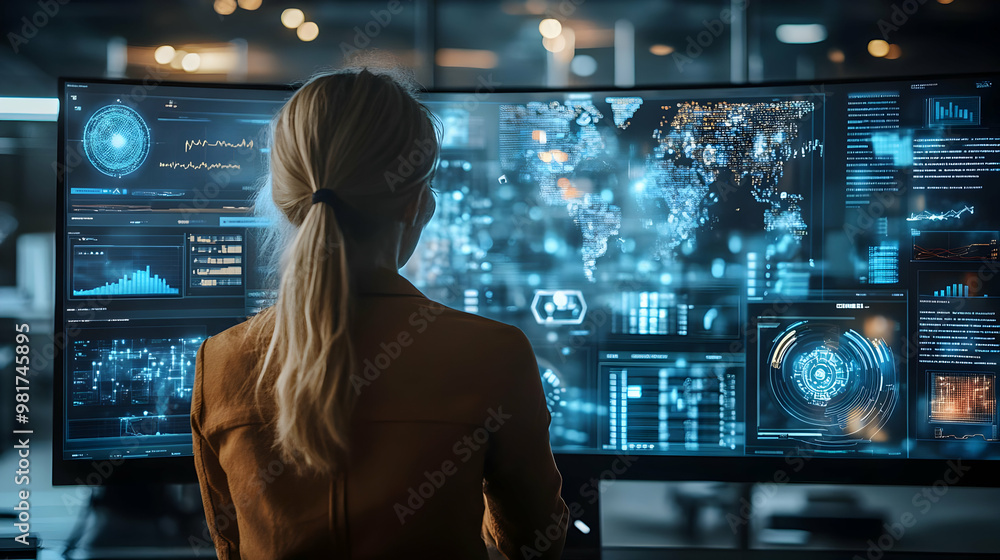 Poster a focused individual analyzing data on a high-tech monitor in a modern workspace, showcasing advance