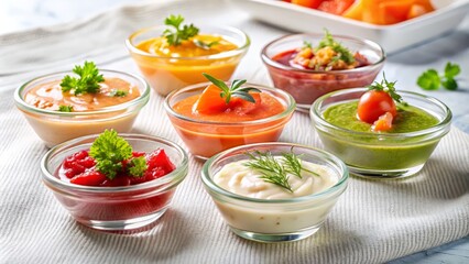 Vibrant colors of tangy sauces and creamy dips in petite glass bowls, carefully placed on a crisp white linen, elevation of a salmon-centric cuisine