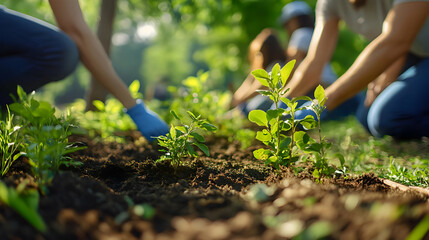 Fototapeta premium Close-up of hands planting seedlings in rich soil, illustrating community gardening and teamwork in a vibrant outdoor setting.
