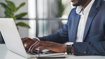 A businessman typing on a laptop at a modern office desk