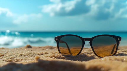 Stylish sunglasses resting on sandy beach with ocean waves in the background, perfect for summer vibes and vacation themes.