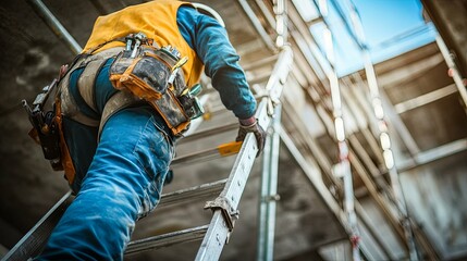 Construction Worker Ascending a Ladder on a Building Site
