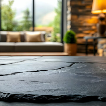 Close-up of a textured stone floor in a cozy living room with a modern design and natural light.