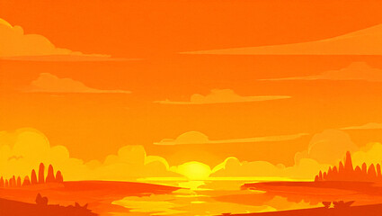 Bright orange sunset over a serene landscape with distant trees and a glowing horizon