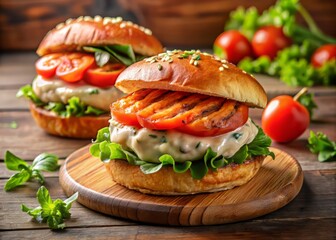 Freshly grilled salmon burgers sit atop a bed of crisp lettuce leaves and vine-ripened tomato slices, smothered in a tangy and creamy special sauce, all presented on a toasted brioche bun.
