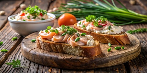 A rustic yet refined composition of toasted rustic bread topped with a generous helping of creamy salmon mousse, scattered with crudités and garnished with a sprinkling of chopped fresh herbs
