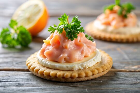 A elegant close-up of a single cracker topped with a generous dollop of salmon mousse, garnished with a delicate slice of fresh lemon and a sprig of parsley