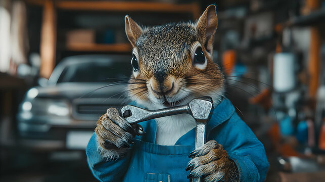 A whimsical squirrel in a blue mechanic outfit, holding a wrench, inside a garage setting with a car in the background.