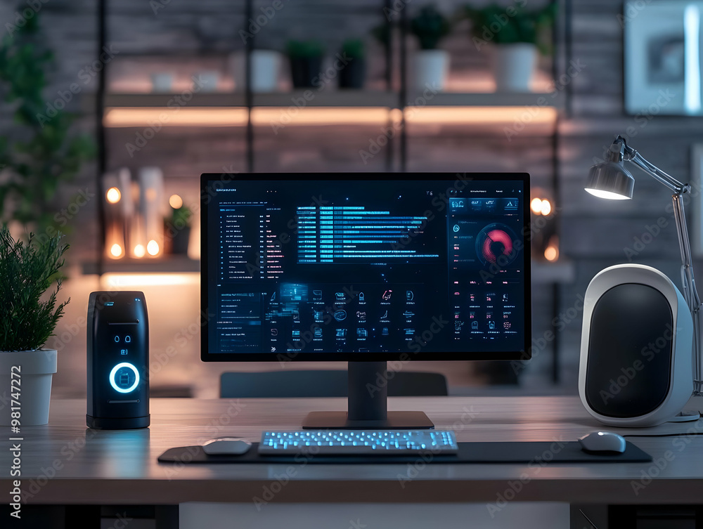 Poster modern workspace featuring a sleek computer setup with a stylish monitor, keyboard, and ambient ligh