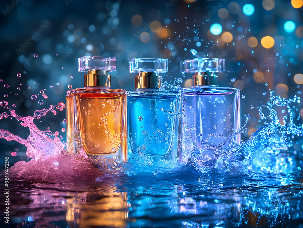 Poster colorful perfume bottles splashing in water, illuminated by vibrant bokeh lights, creating a fresh a