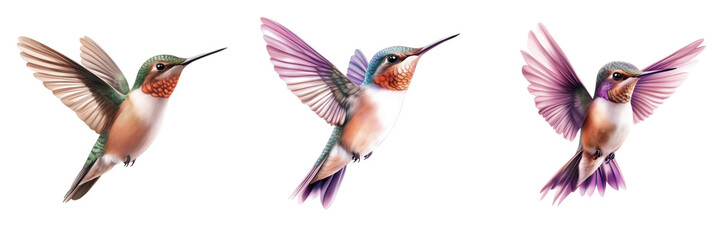 Obraz premium Three colorful hummingbirds in flight, showcasing their vibrant feathers and graceful movements against a clear background.