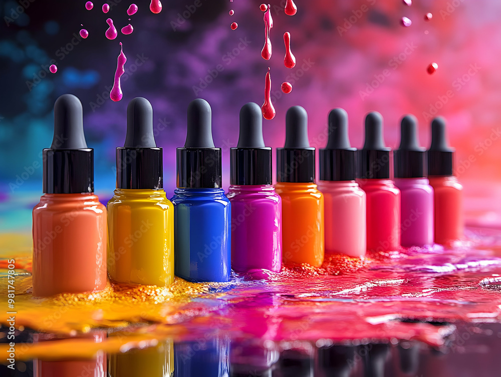 Aufkleber vibrant dropper bottles lined up against a colorful background, showcasing an array of artistic colo