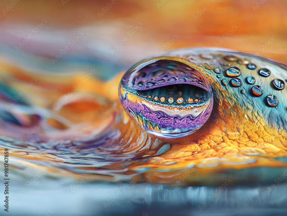 Poster vivid macro shot of a water droplet reflecting colorful patterns on a surface, showcasing a blend of