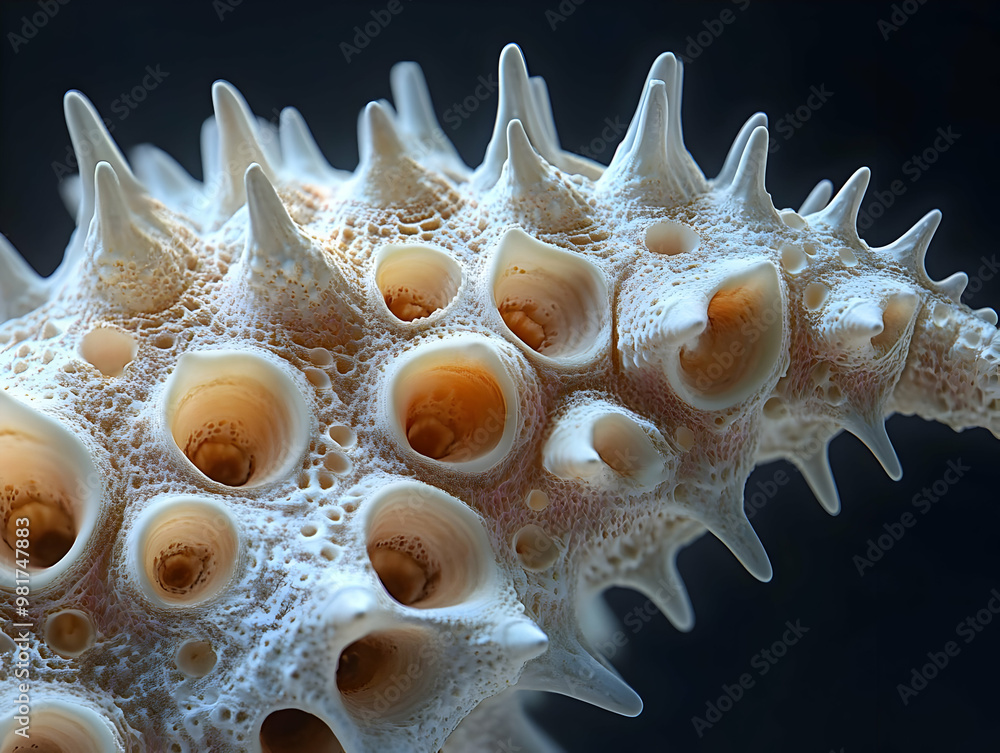 Poster close-up of a detailed sea shell showcasing intricate textures and unique patterns against a dark ba