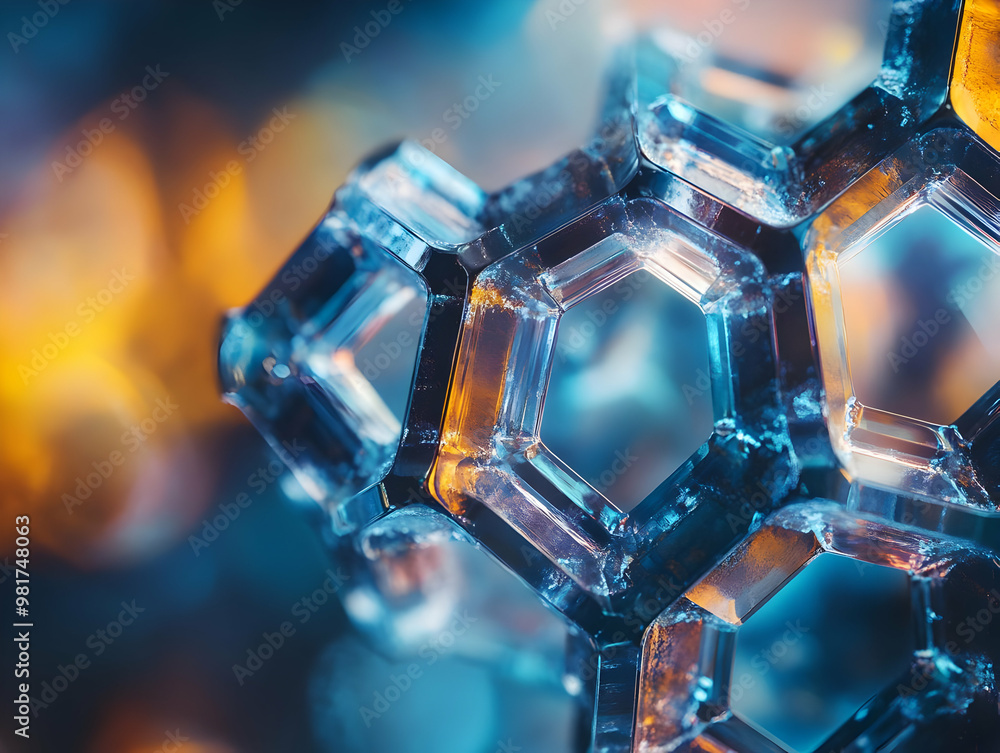 Poster close-up of a translucent hexagonal structure showcasing intricate details and vibrant colors, ideal