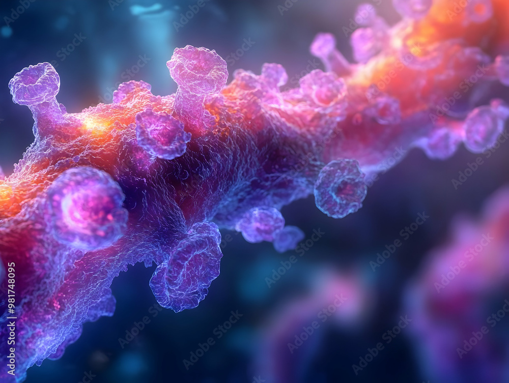 Poster colorful depiction of virus structure with intricate details, showcasing vibrant cells and unique fo
