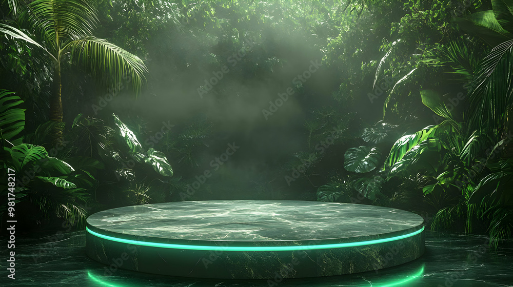 Aufkleber a mystical green jungle with a glowing circular platform, creating a serene and enchanting atmospher