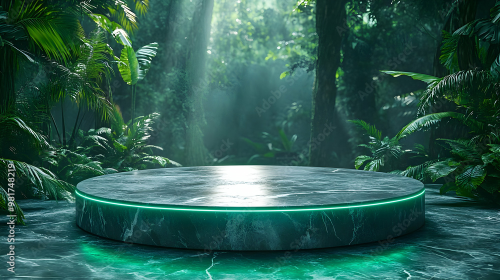 Aufkleber a mystical green jungle setting featuring a glowing circular platform surrounded by lush foliage and
