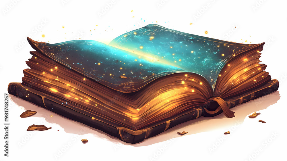 Poster an enchanting open book with glowing pages and sparkling effects, perfect for illustrating magic and