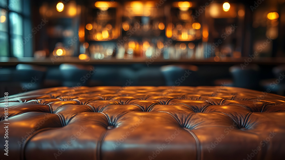 Poster a close-up view of a luxurious leather seat in an elegant bar setting with warm lighting, creating a
