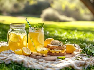 Fototapeta premium Refresh your day with a vibrant picnic setup featuring lemonade, lemons, and delicious sandwiches on a sunny, green lawn.