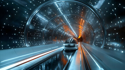 Futuristic tunnel with sleek transport vehicle moving swiftly through illuminated pathway. A glimpse into advanced technology.