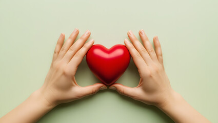 Fototapeta premium Hands holding a red heart shape on a light green background, symbolizing love and care