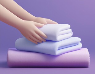 Fototapeta premium A hand gently places a folded white towel on top of a stack of folded towels, 3D illustration
