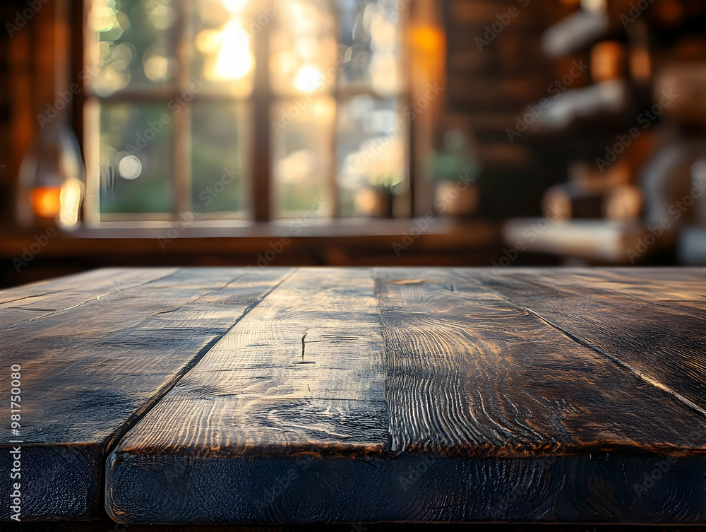 Poster a rustic wooden table with warm sunlight streaming through a cozy window, creating a serene and invi