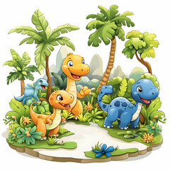 Colorful animated dinosaurs playfully exploring a lush prehistoric jungle filled with vibrant plants and tropical trees.