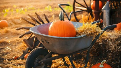 Rustic pumpkin placed in an old wheelbarrow surrounded by farming tools and hay