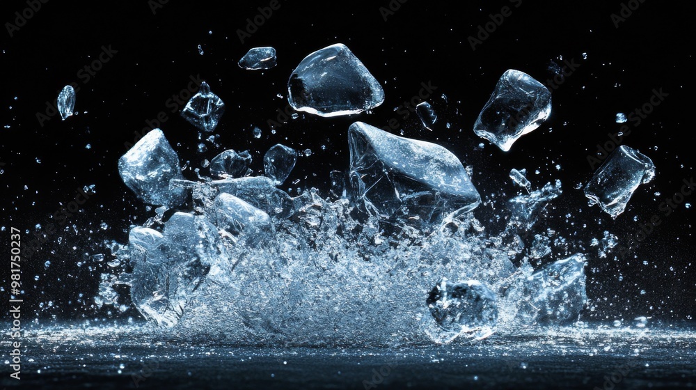 Aufkleber ice cubes exploding and splashing on a black background