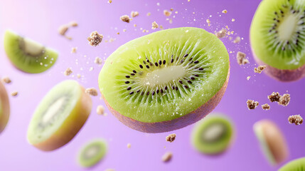 Vibrant kiwifruit slices floating against a purple background, showcasing their juicy texture and colorful appeal.