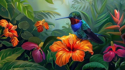 Vibrant Hummingbird in a Tropical Rainforest: Surrounded by Colorful Flowers