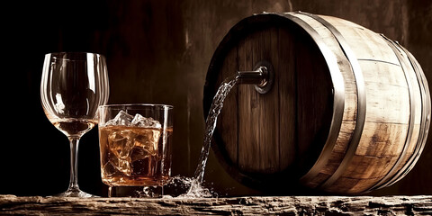Oak Barrel's Bounty: A vintage oak barrel pours a generous stream of amber liquid, promising a taste of aged perfection, with a whiskey glass and wine glass poised to receive.  
