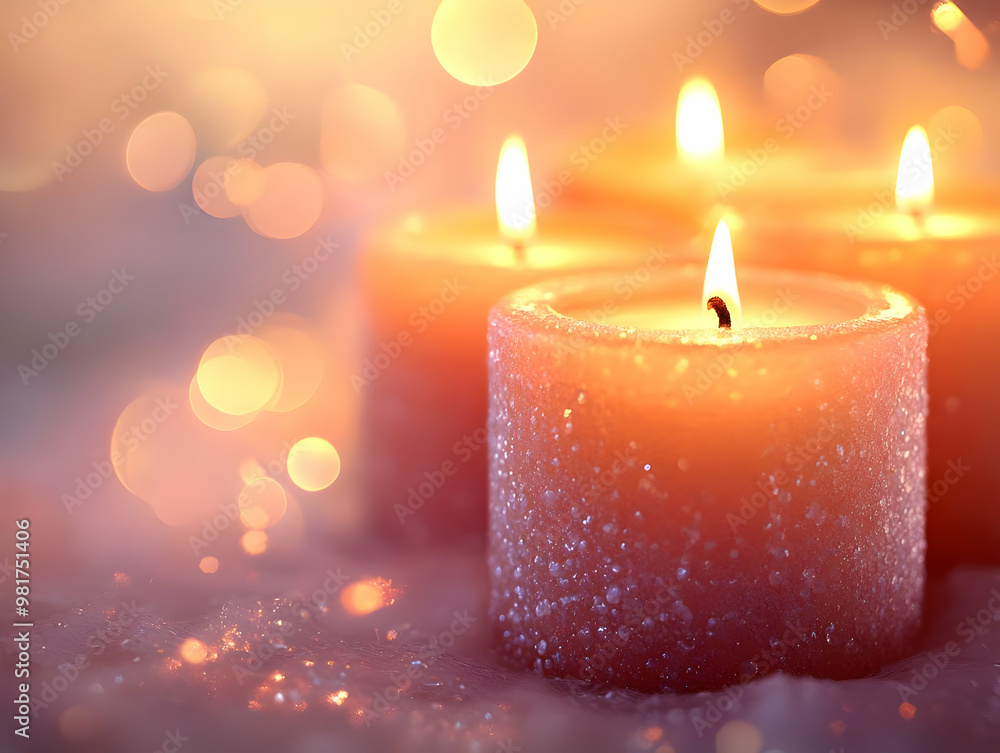 Poster a serene scene featuring glowing candles, creating a warm and inviting atmosphere with soft light an