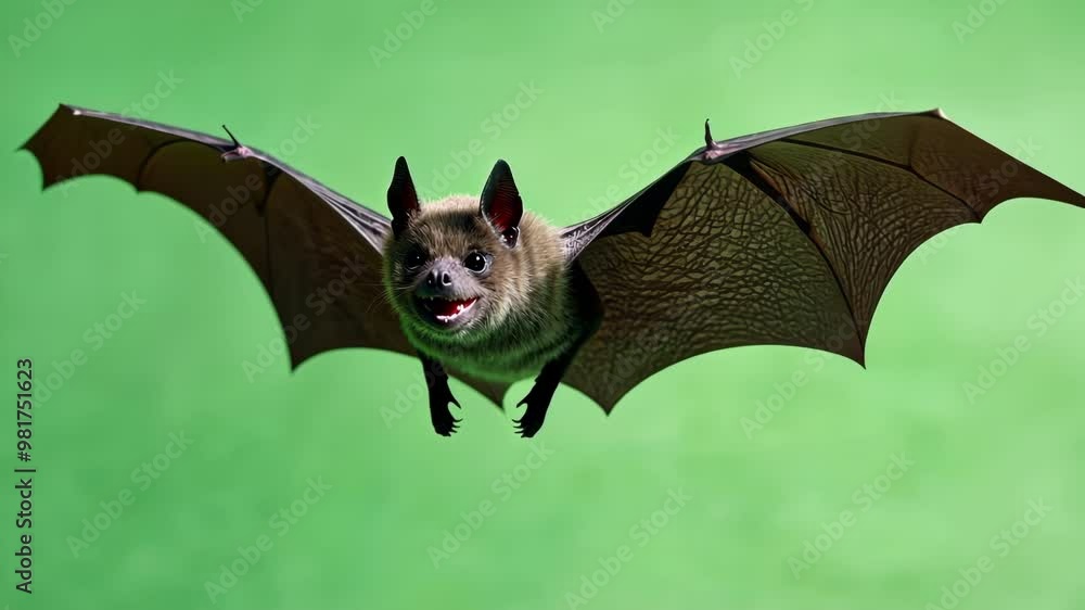 Poster bat with its wings spread, flying against a vibrant green screen background, creating a captivating 