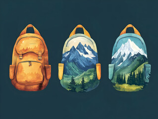 Three vibrant backpacks showcasing beautiful mountain landscapes, perfect for outdoor adventures and stylish travel gear.