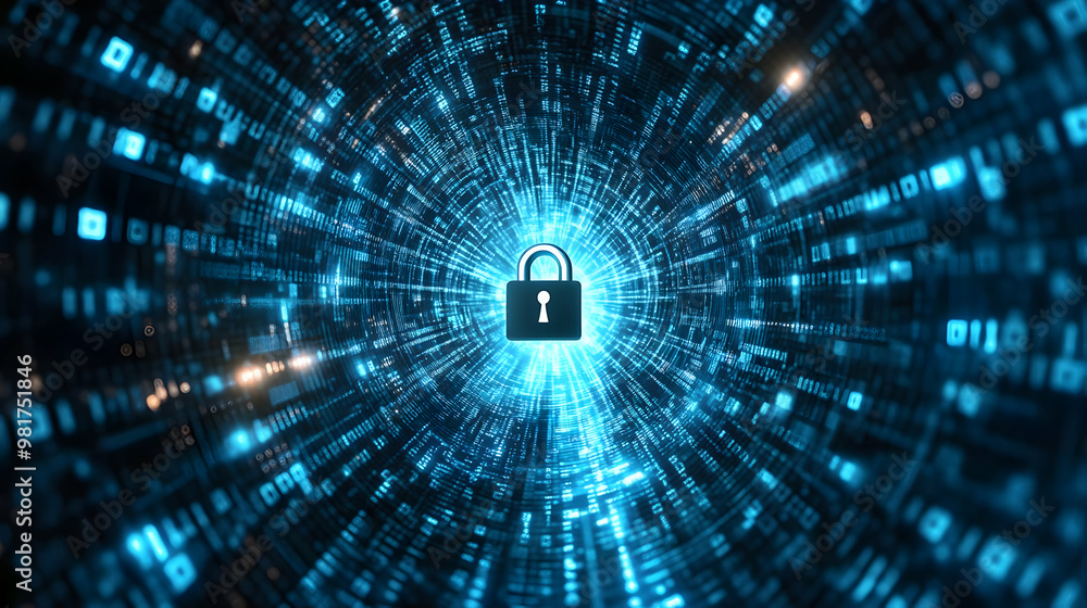 Aufkleber a digital lock surrounded by flowing data, symbolizing cybersecurity and data protection in the mode