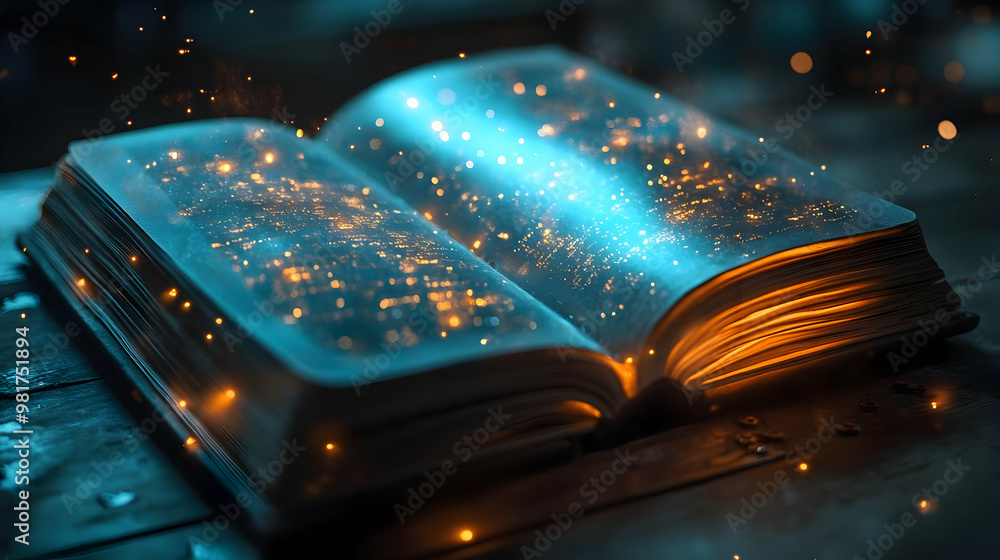 Aufkleber an enchanting open book glimmers with magical lights and sparkles, creating a mystical atmosphere pe