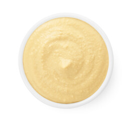 Delicious hummus in bowl isolated on white, top view
