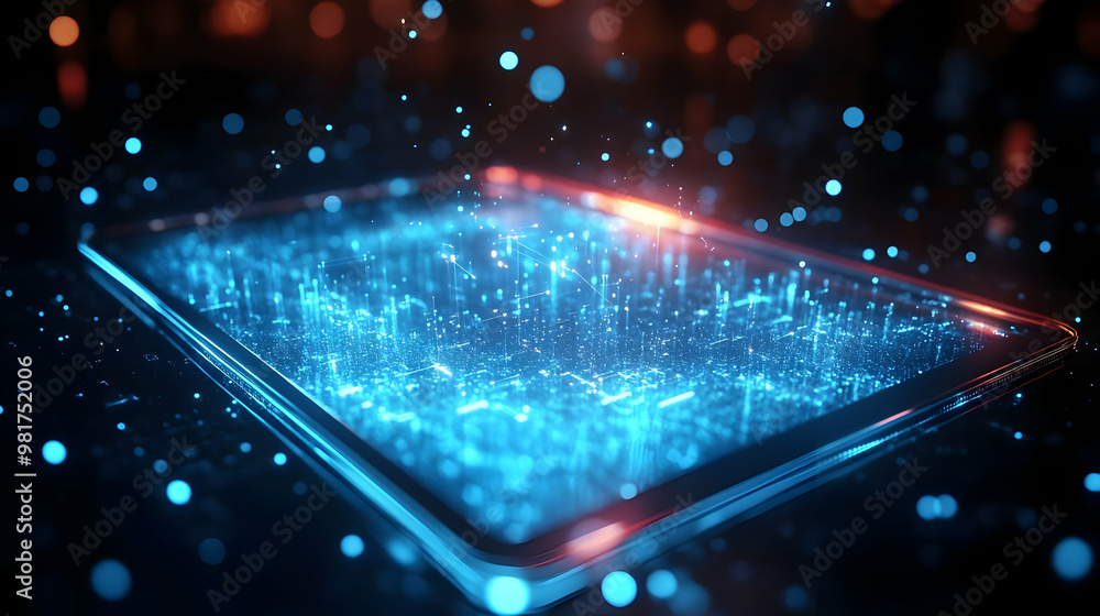 Poster futuristic tablet displaying glowing blue data visualization with sparkling particles, creating a te