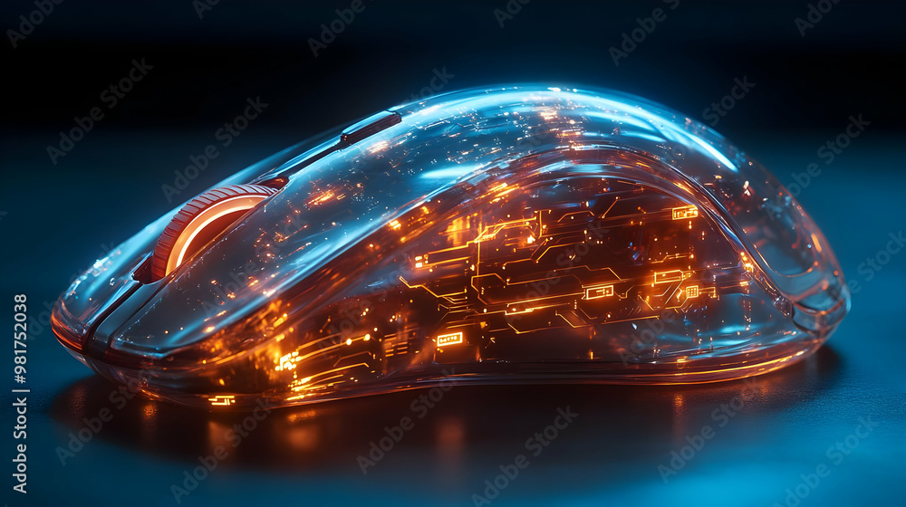 Poster a futuristic gaming mouse with transparent casing, showcasing glowing internal circuitry. perfect fo