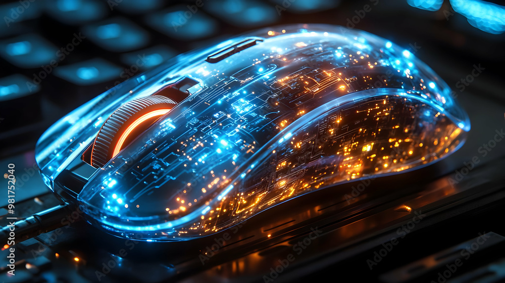 Poster a vibrant gaming mouse illuminated with colorful led lights, showcasing technology and innovation in