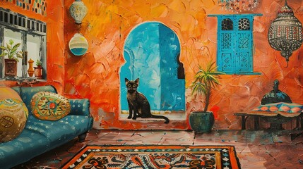 Cat in Moroccan Interior Decor Painting: A Whimsical Fusion of Feline Charm and Exotic Aesthetics