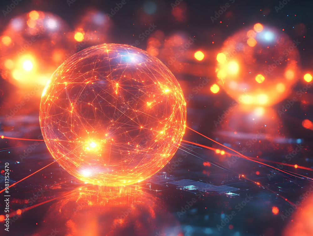 Poster a vibrant, glowing sphere representing technology and connectivity, surrounded by luminous particles