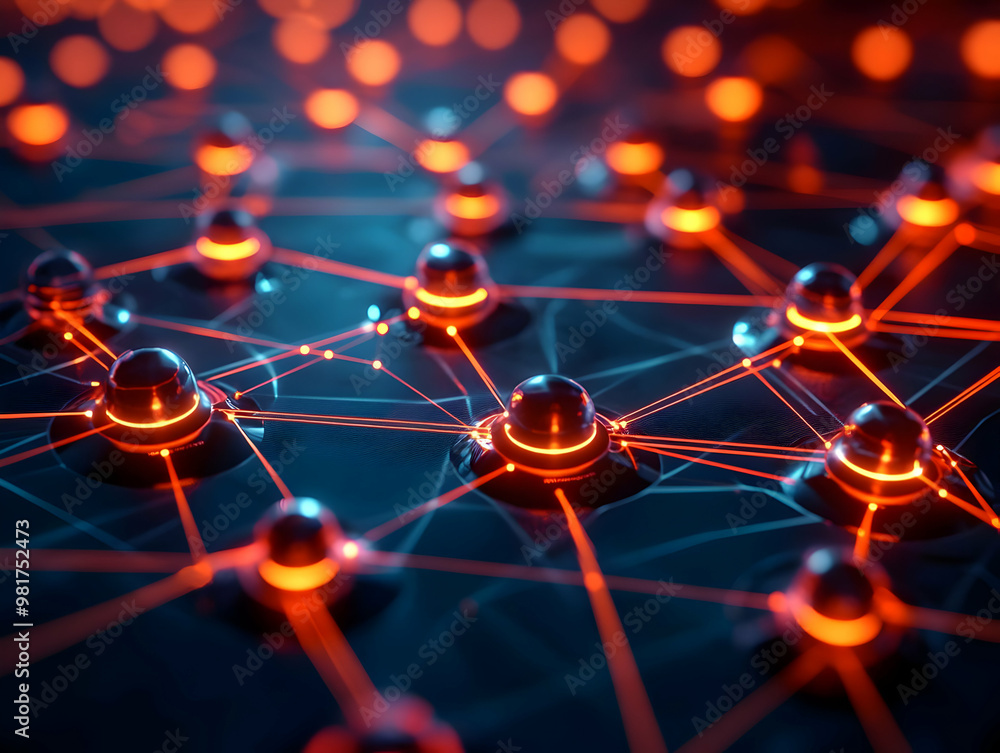 Poster abstract digital network with glowing nodes and interconnected lines representing technology and con